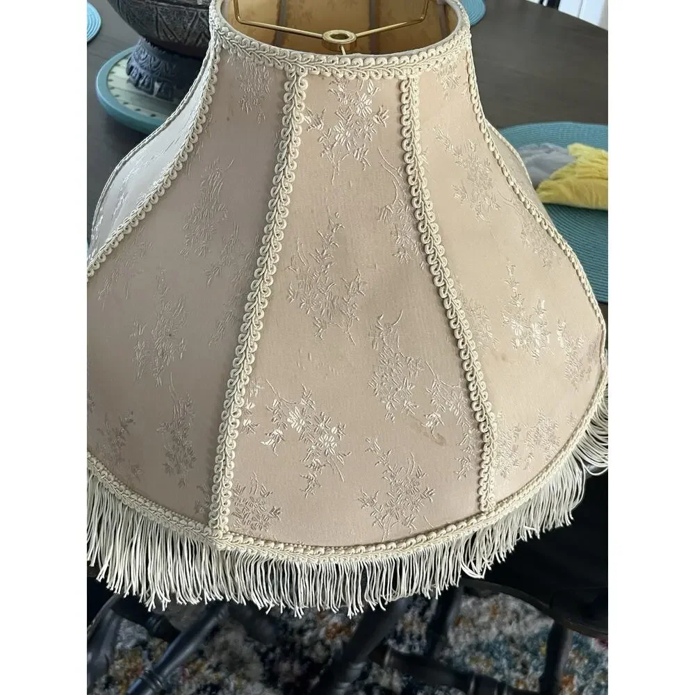 Vtg Victorian Damask Brocade 8 Panel Fringe Ivory Cream Lamp Shade 18